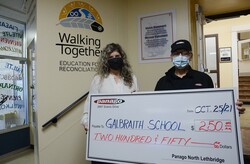 Acting principal at Galbraith, Nicole Court, accepts a $250 cheque from Panago's Wade Pierson. 